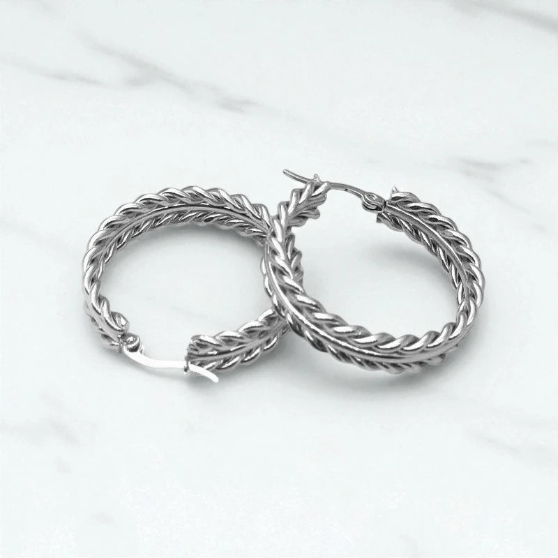 Ατσάλινα Σκουλαρίκια Κρίκοι 3.4cm – Πλεξούδα Ασημί (E1600)