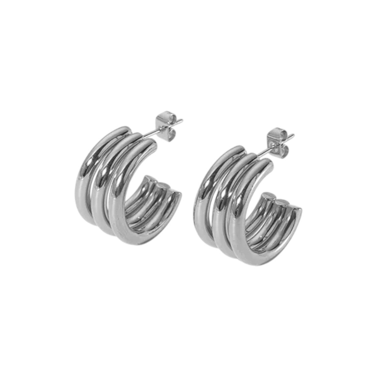 Ατσάλινα καρφωτά σκουλαρίκια τύπου κρίκου με layered σχεδιασμό 2cm (E1634)