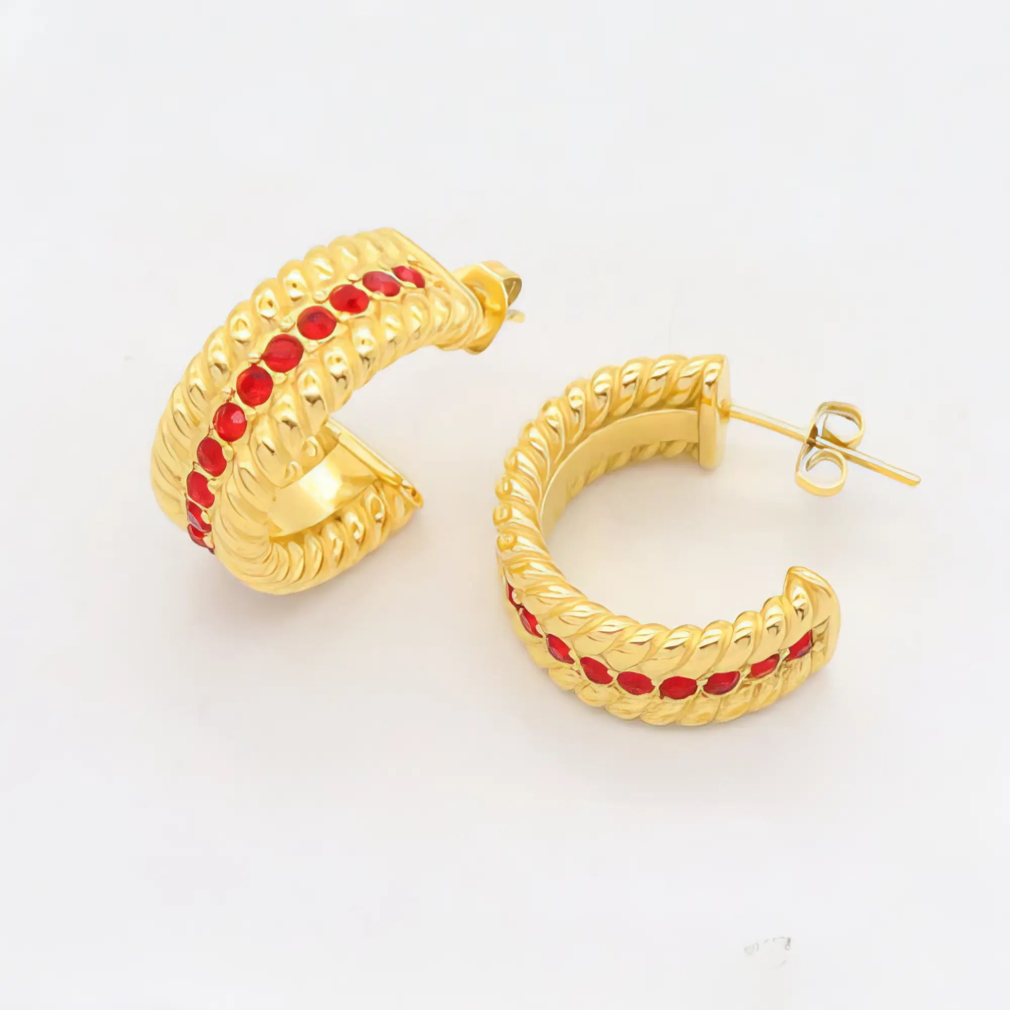 Ατσάλινα σκουλαρίκια κρίκοι με κόκκινα ζιργκόν 2cm (E3281)