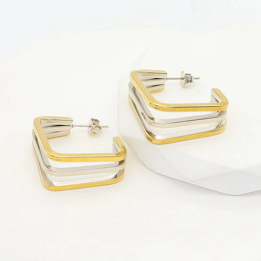 Ατσάλινοι τετράγωνοι κρίκοι διχρωμίας χρυσό & ασημί – 2.4cm (E3342)