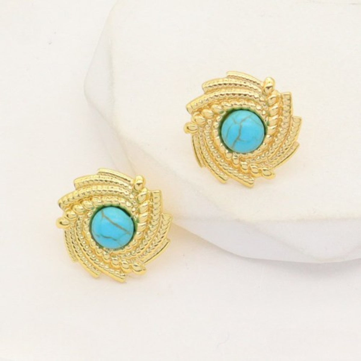 Ατσάλινα Χρυσά Σκουλαρίκια με Τυρκουάζ Πέτρα 17 mm (E3357)