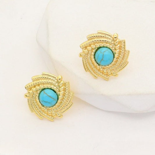 Ατσάλινα Χρυσά Σκουλαρίκια με Τυρκουάζ Πέτρα 17 mm (E3357)