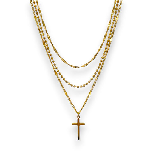 Αλυσίδα λαιμού ατσάλινη τριπλή με σταυρό επιχρυσωμένη 18k (N1372)