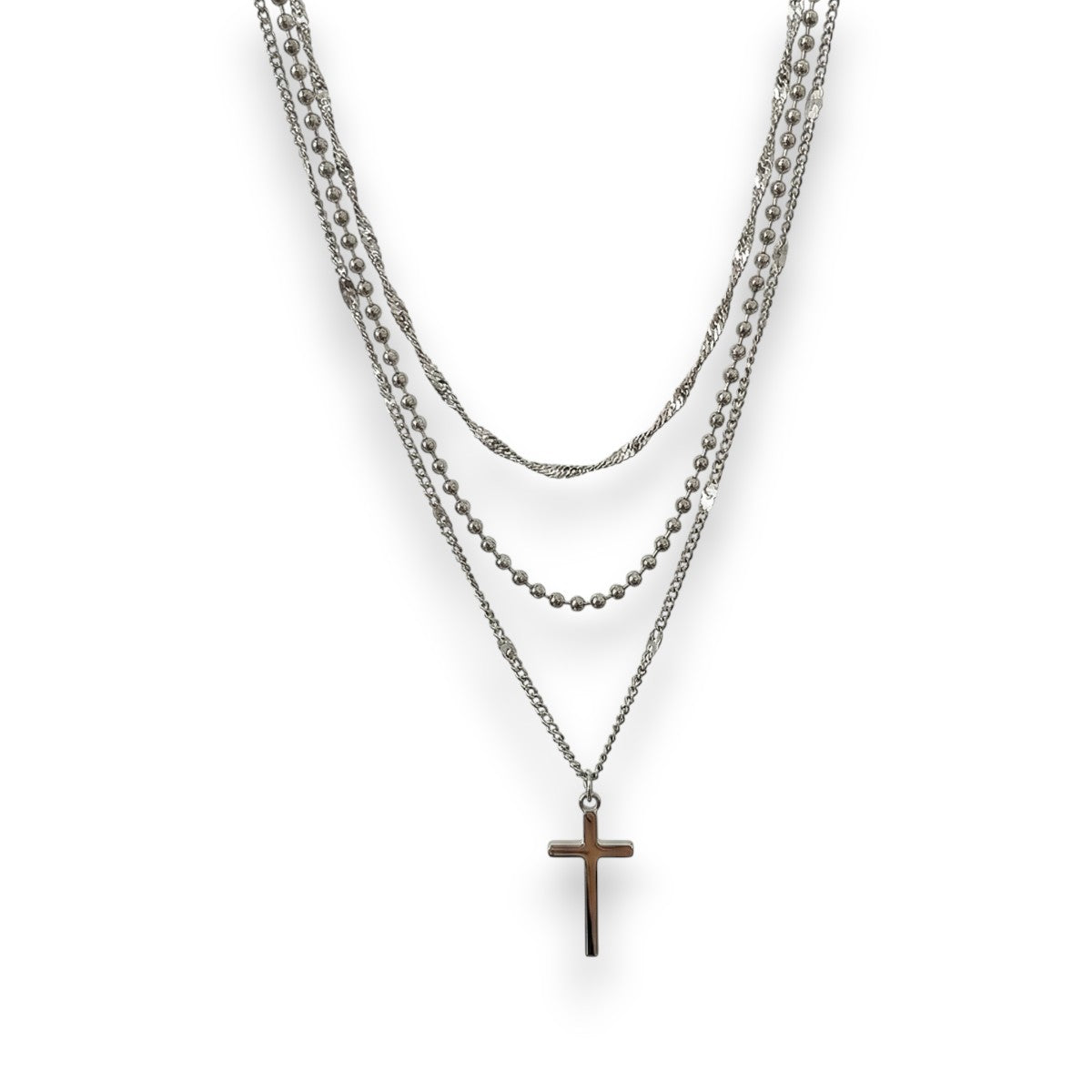 Αλυσίδα λαιμού ατσάλινη τριπλή με σταυρό χρώμα ασημί (N1373)
