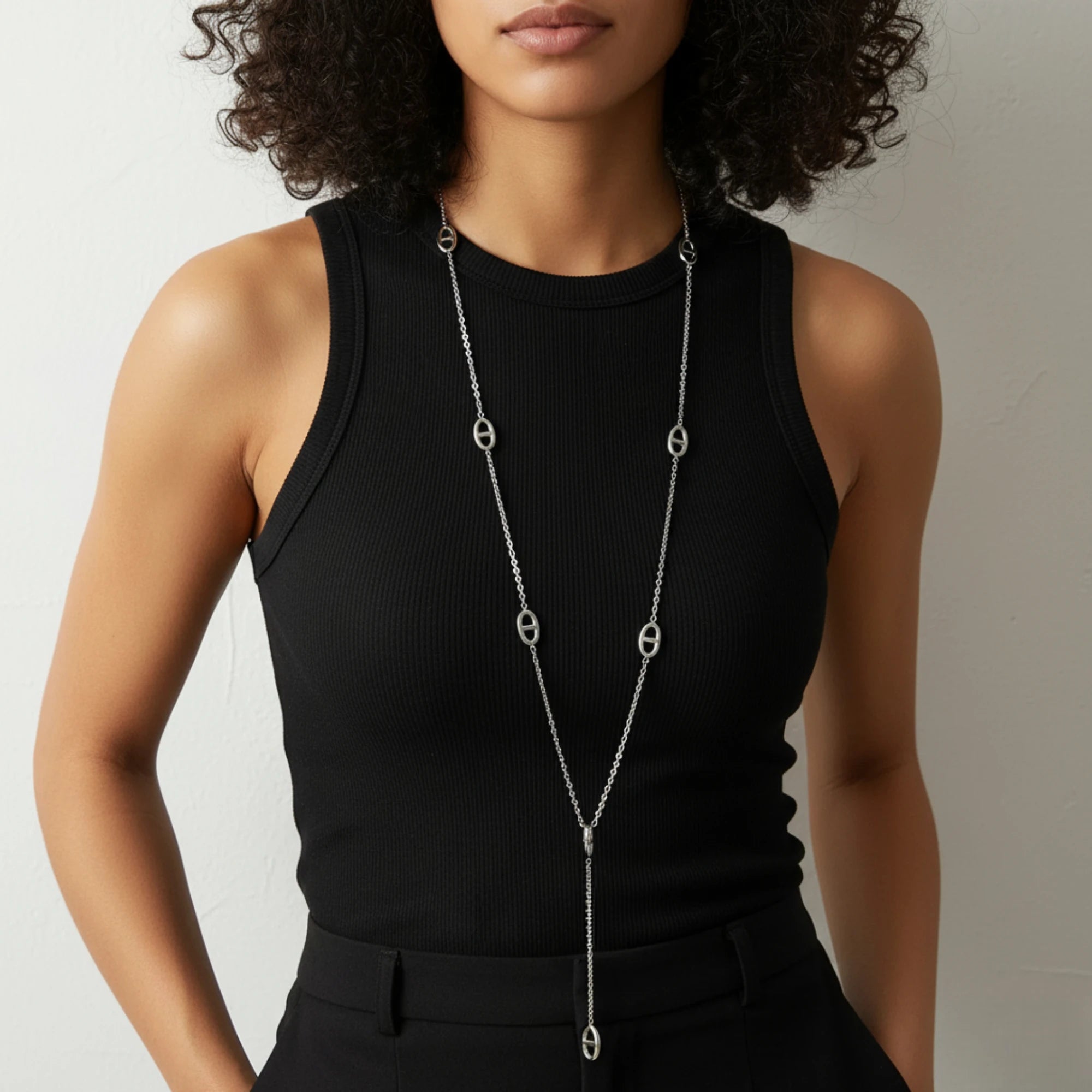 Μακρύ Κολιέ από Ατσάλι με Διακοσμητικούς Κρίκους – Ασημί (N1816)