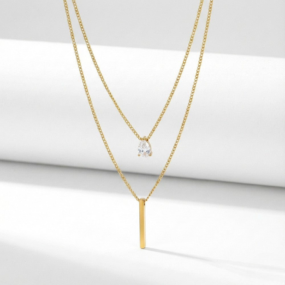 Κολιέ Διπλή Αλυσίδα με Μπάρα & Λευκή Πέτρα, Ατσάλι (N1820)