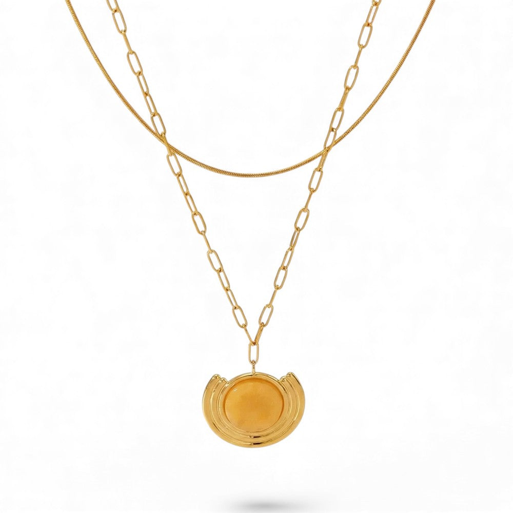 Κολιέ Διπλή Αλυσίδα με Φυσική Πέτρα, Ατσάλι – Κίτρινη Πέτρα (N1824)