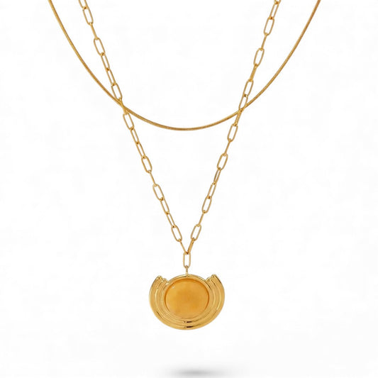 Κολιέ Διπλή Αλυσίδα με Φυσική Πέτρα, Ατσάλι – Κίτρινη Πέτρα (N1824)