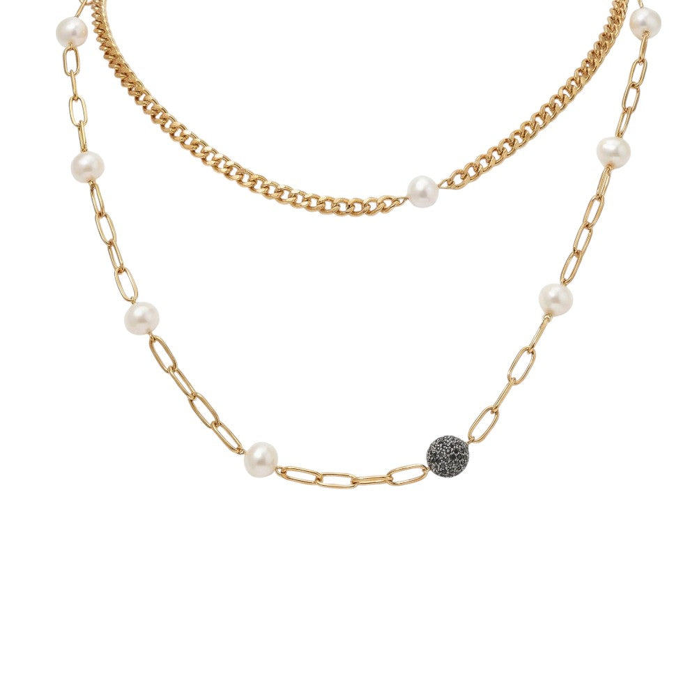 Ατσάλινο Κολιέ Διπλό με Μαργαριτάρια & Κρυστάλλινη Λάβα – Gold (N1837)