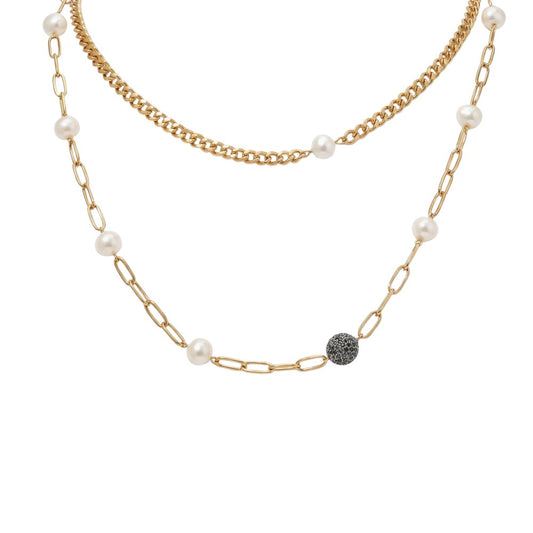 Ατσάλινο Κολιέ Διπλό με Μαργαριτάρια & Κρυστάλλινη Λάβα – Gold (N1837)