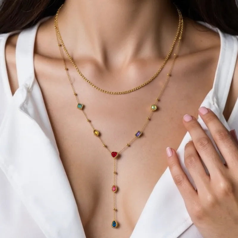 Ατσάλινο Κολιέ Διπλό με Πολύχρωμες Πέτρες & Κρεμαστό Y-Shape (N1838)