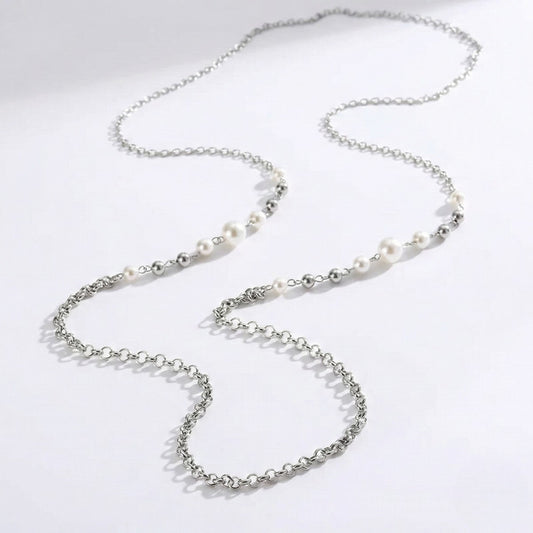 Κολιέ Μακρύ από Ατσάλι με Πέρλες (N1845)