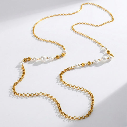 Κολιέ Μακρύ από Ατσάλι με Πέρλες (N1852)