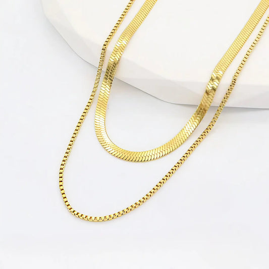 Διπλό Χρυσό Ατσάλινο Κολιέ – Snake Chain & Box Chain (N3303)