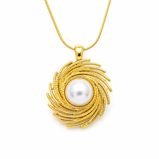 Κολιέ ατσάλι χρυσό με πέρλα spiral (N3403)