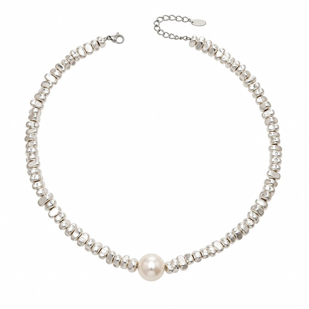 Ασημί Ατσάλινο Κολιέ 316L Choker με Πέρλα (N5007)