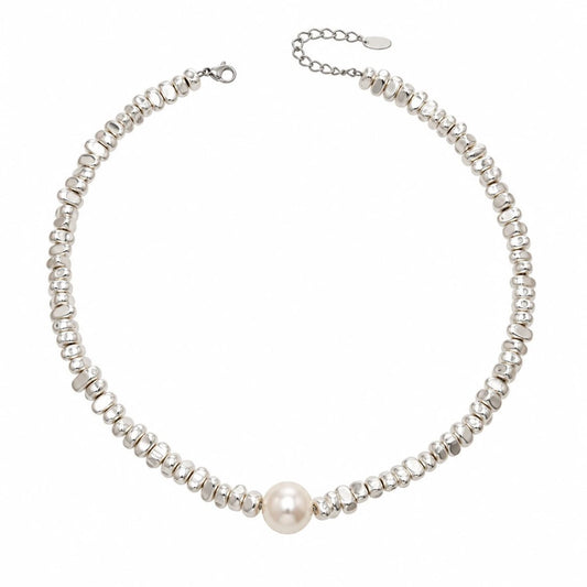 Ασημί Ατσάλινο Κολιέ 316L Choker με Πέρλα (N5007)