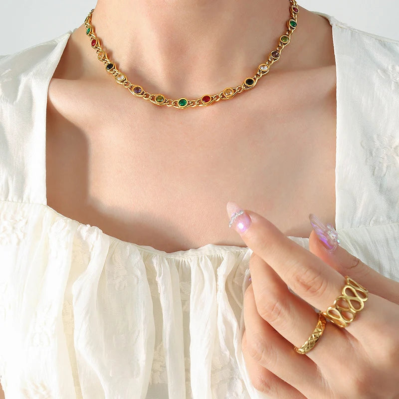 Χρυσό Ατσάλινο Κολιέ Choker Πολύχρωμα Ζιργκόν (N5044)