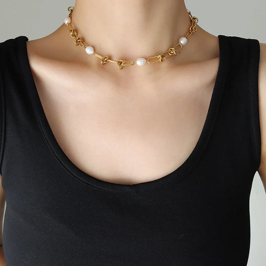 Χρυσό Ατσάλινο Κολιέ Choker 316L με Πέρλες (N5048)