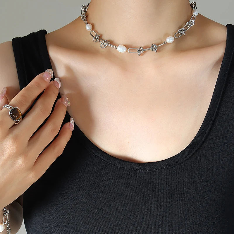 Ασημί Ατσάλινο Κολιέ Choker 316L με Πέρλες (N5049)