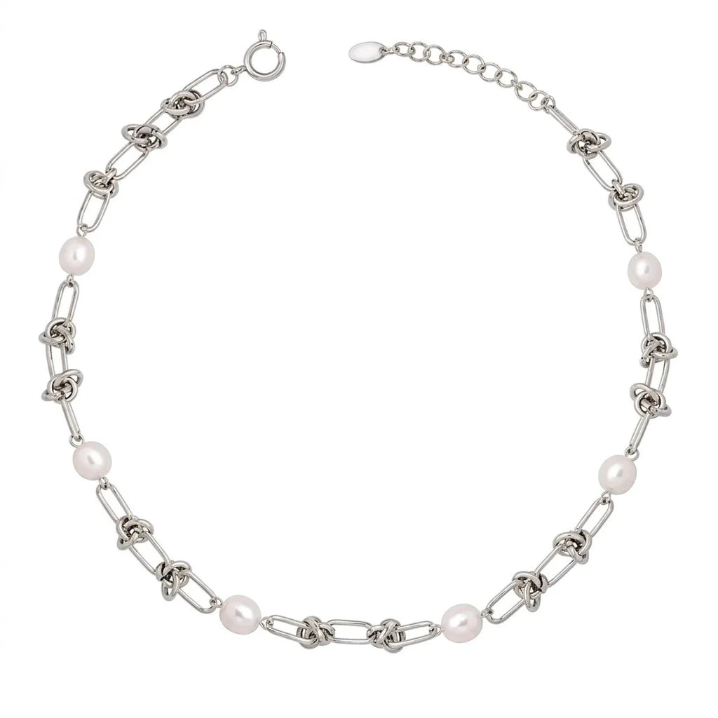 Ασημί Ατσάλινο Κολιέ Choker 316L με Πέρλες (N5049)