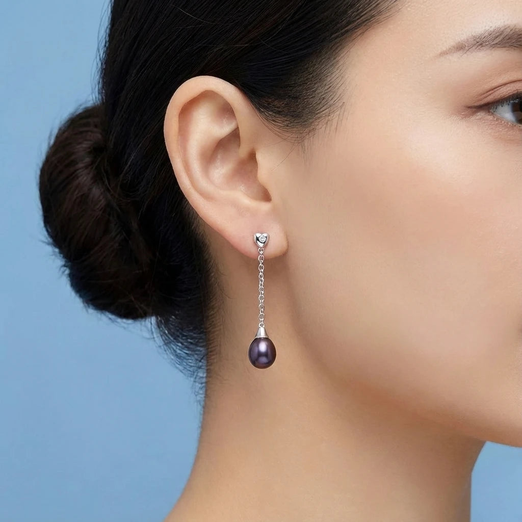 Σκουλαρίκια από Ασήμι 925 μάκρος 4cm με Μαύρο Μαργαριτάρι Γλυκού Νερού & Ζιργκόν (PE003)