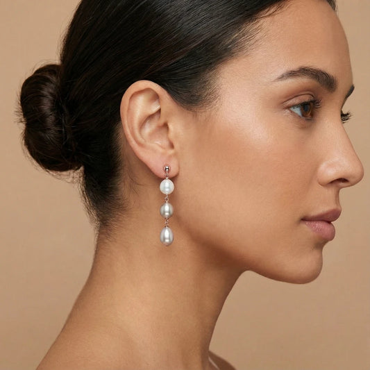 Σκουλαρίκια από Ασήμι 925 μάκρος 4cm με Τριπλά Μαργαριτάρια του Γλυκου Νερού σε Λευκούς και Ροζ Τόνους (PE014)