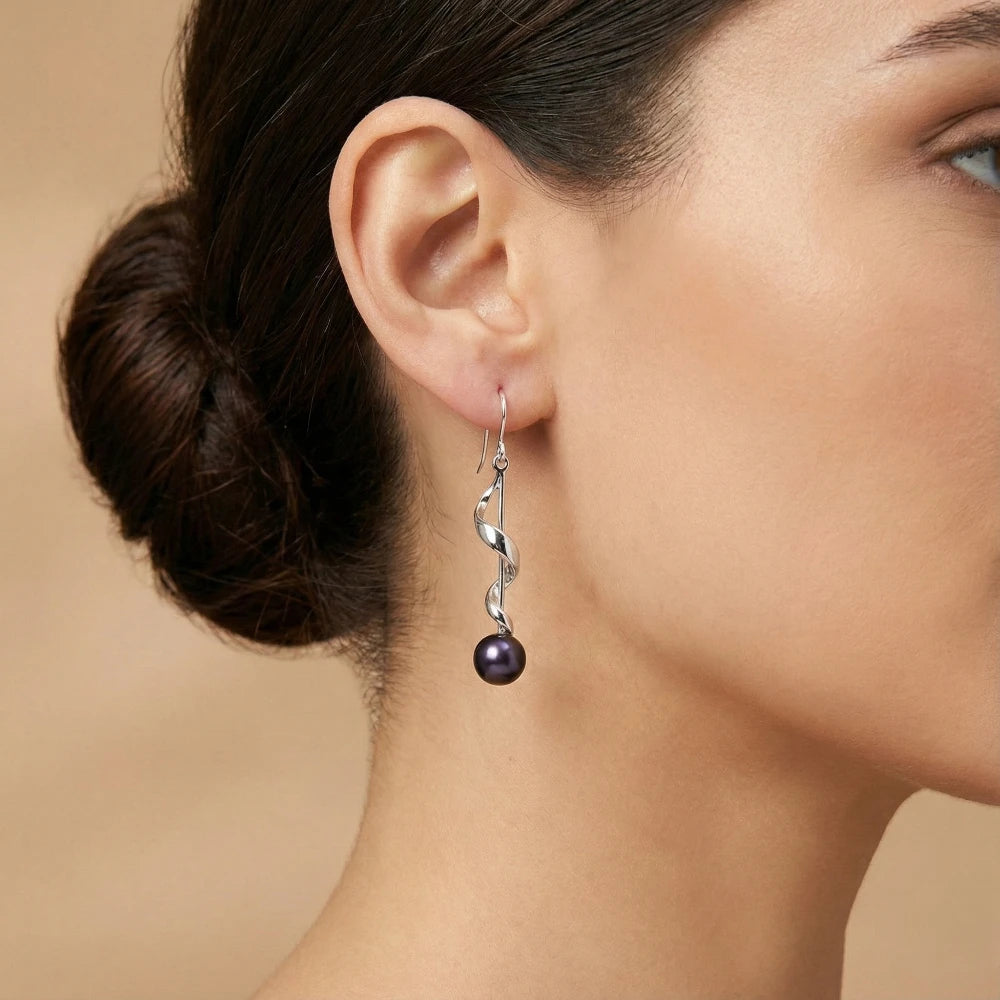 Ασημένια 925 Σκουλαρίκια με Μαύρα Μαργαριτάρια του Γλυκού Νερού (PE020)