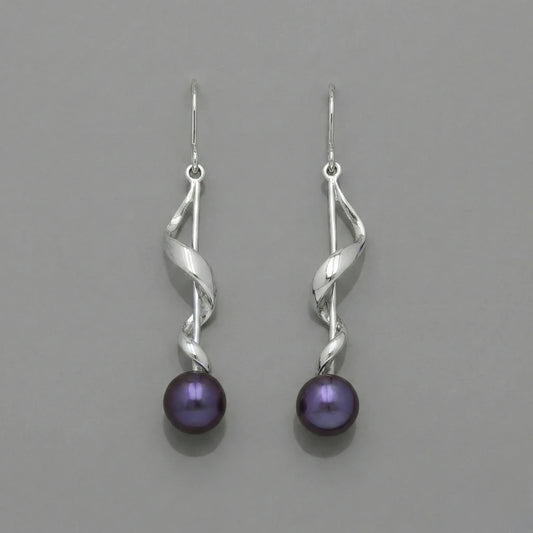 Ασημένια 925 Σκουλαρίκια με Μαύρα Μαργαριτάρια του Γλυκού Νερού (PE020)