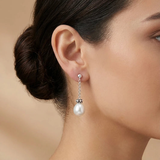 Ασημένια 925 Σκουλαρίκια Μάκρος 3.5cm με Οβάλ Μαργαριτάρια Γλυκού Νερού (PE021)