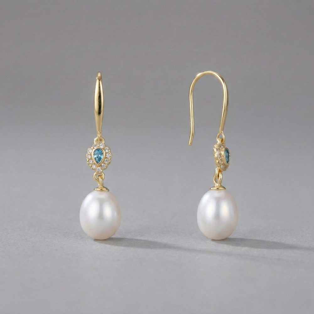 Ασημένια 925 Σκουλαρίκια Μήκος: 3.3cm με Μαργαριτάρια Γλυκού Νερού & Ζιργκόν (PE026)