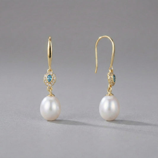 Ασημένια 925 Σκουλαρίκια Μήκος: 3.3cm με Μαργαριτάρια Γλυκού Νερού & Ζιργκόν (PE026)