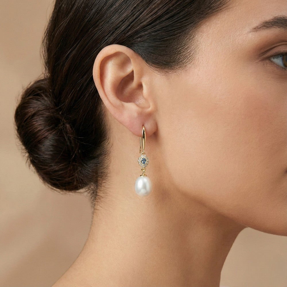 Ασημένια 925 Σκουλαρίκια Μήκος: 3.3cm με Μαργαριτάρια Γλυκού Νερού & Ζιργκόν (PE026)