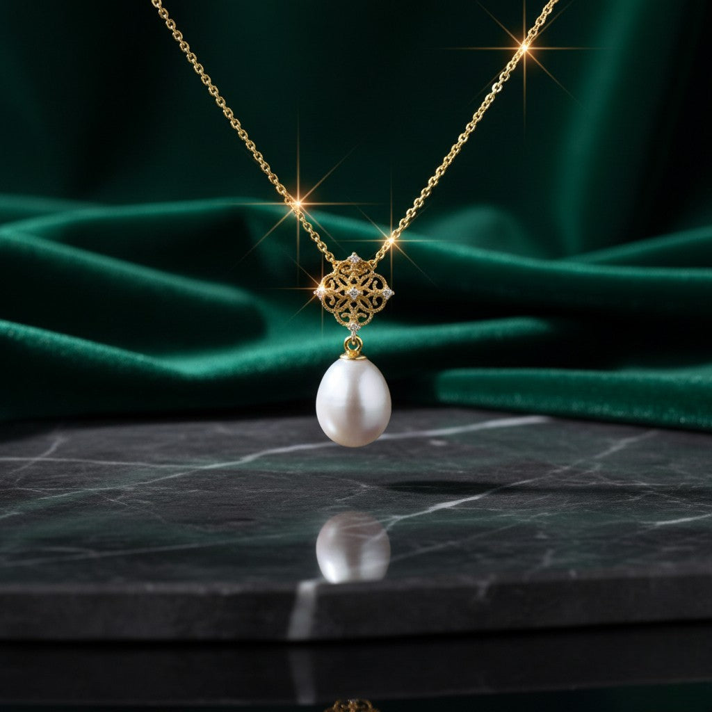 Ασημένιο 925 Κολιέ με Μαργαριτάρι Γλυκού Νερού & Ζιργκόν Επιχρυσωμένο (PN032)