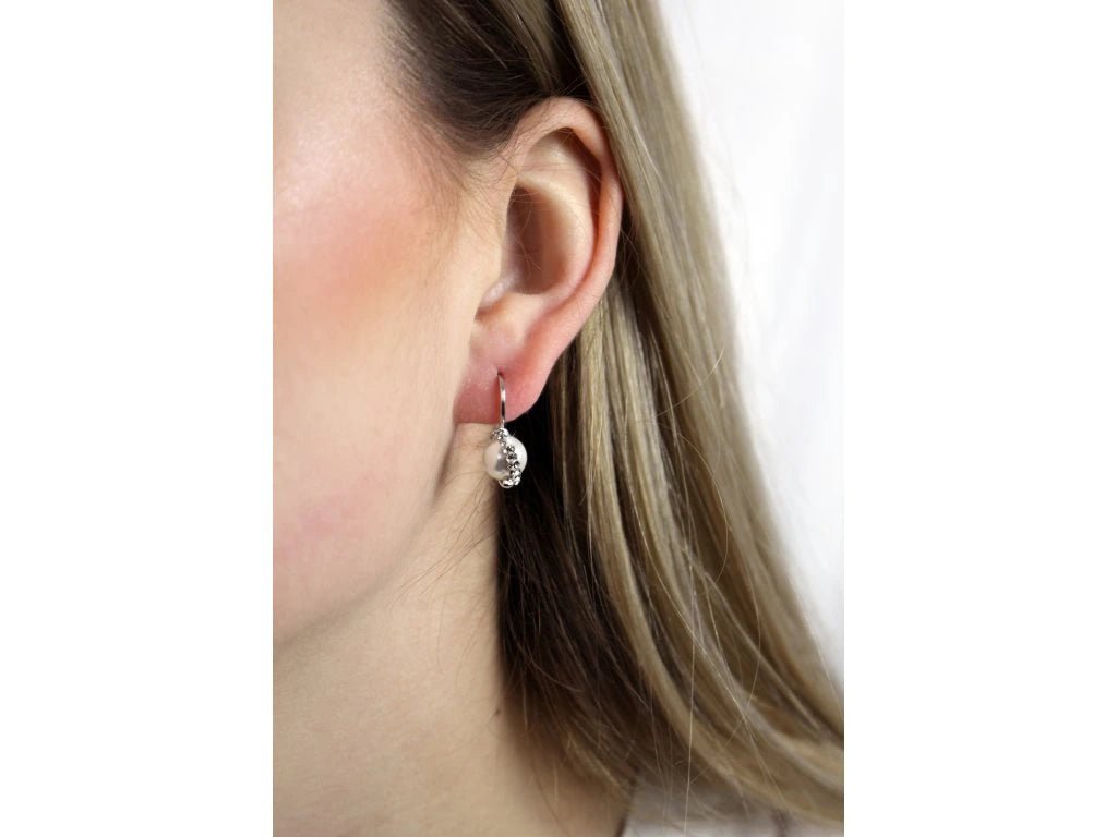 Ασημένια σκουλαρίκια 925 με πέρλα και κρύσταλλα swarovski 2cm (J1020) - charmy.gr