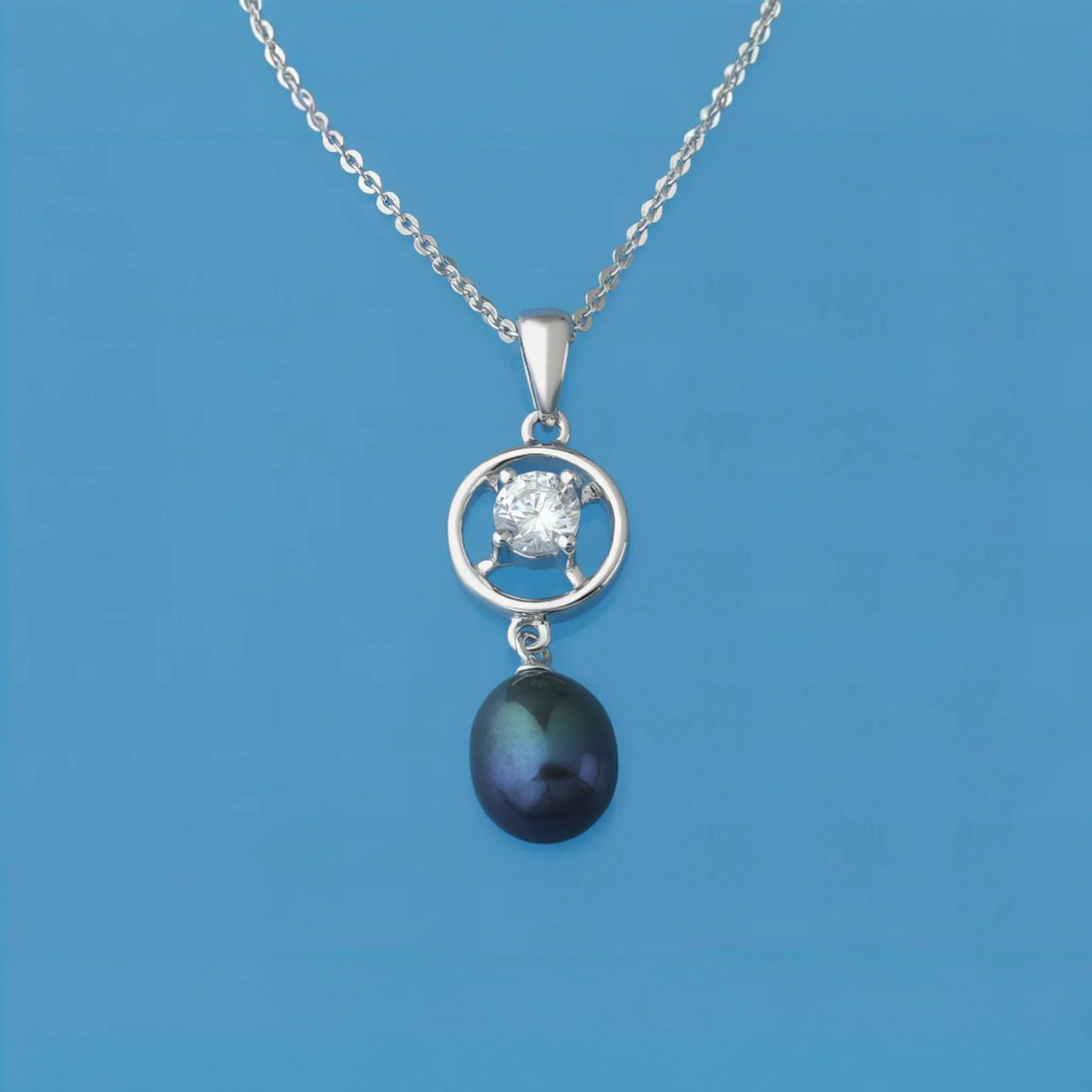 Ασημένιο 925 Κολιέ με Μαύρο Μαργαριτάρι σε σχήμα σταγόνας, Ζιργκόν (PN015) - charmy.gr