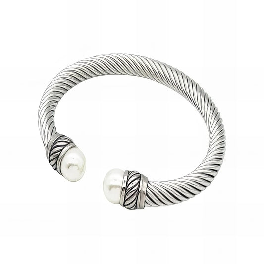 Ασημένιο Ατσάλινο Βραχιόλι "Cuff" με Πέρλες (B3369) - charmy.gr