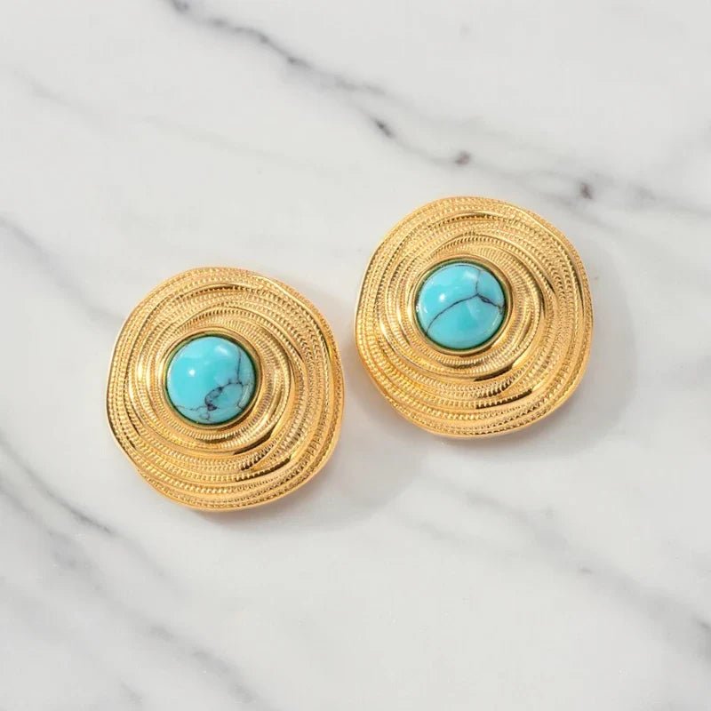 Ατσάλινα καρφωτά σκουλαρίκια με πέτρα τυρκουάζ 2cm (E1462) - charmy.gr