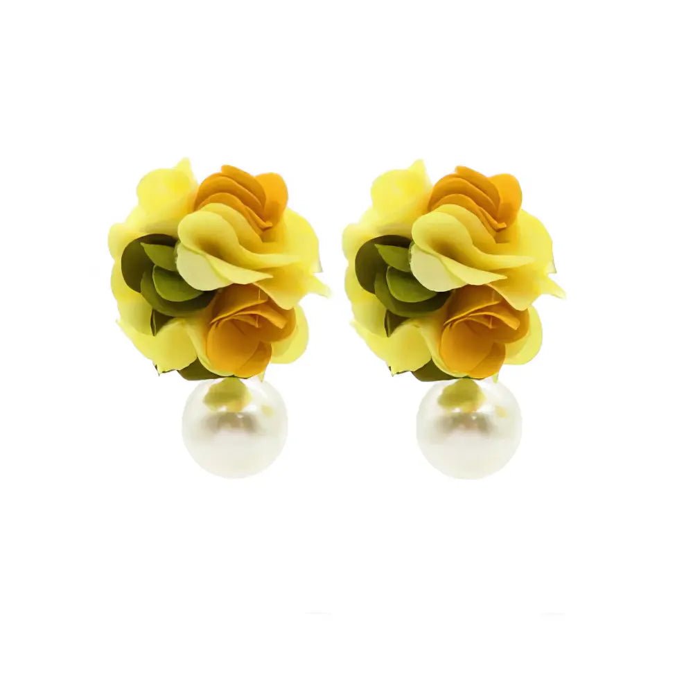 Ατσάλινα Κρεμαστά Σκουλαρίκια με Κίτρινα Λουλούδια και Πέρλα 4cm (E3243) - charmy.gr