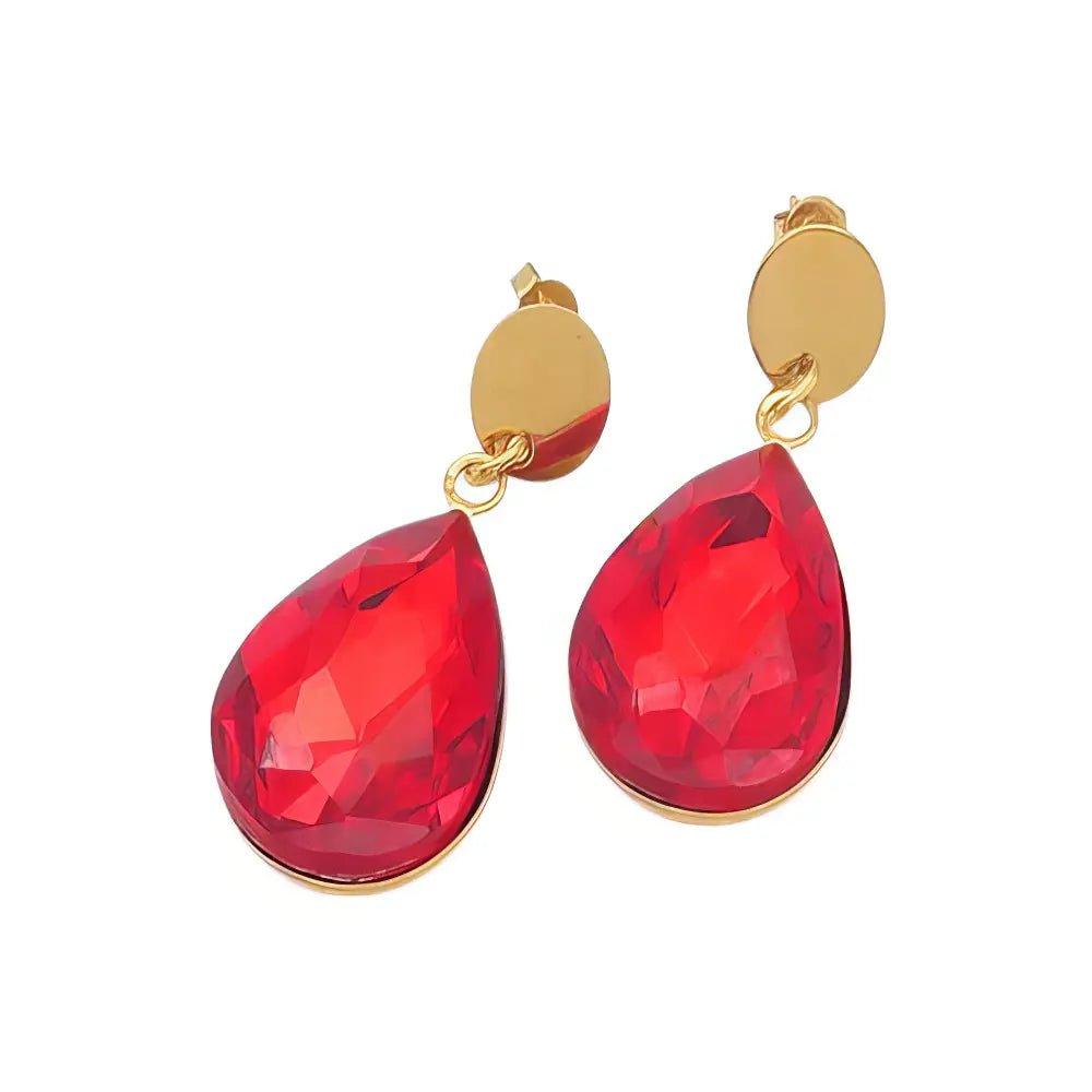 Ατσάλινα Κρεμαστά Σκουλαρίκια με Κόκκινη Πέτρα σε Σχήμα Δάκρυ 4cm (E3255) - charmy.gr
