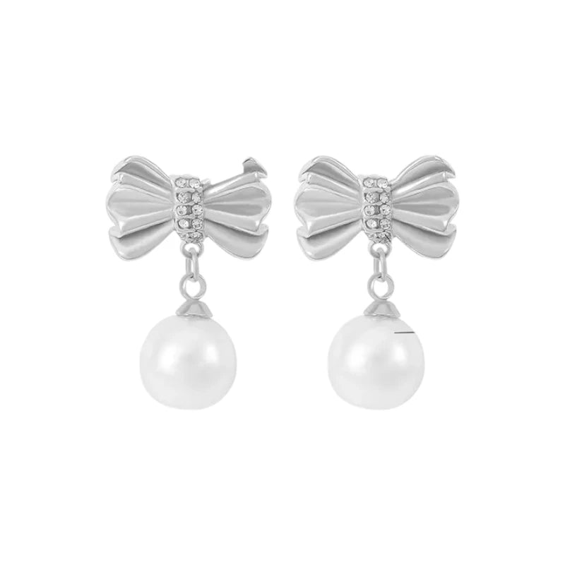 Ατσάλινα κρεμαστά σκουλαρίκια με πέρλα και ζιργκόν 3cm (E1523) - charmy.gr