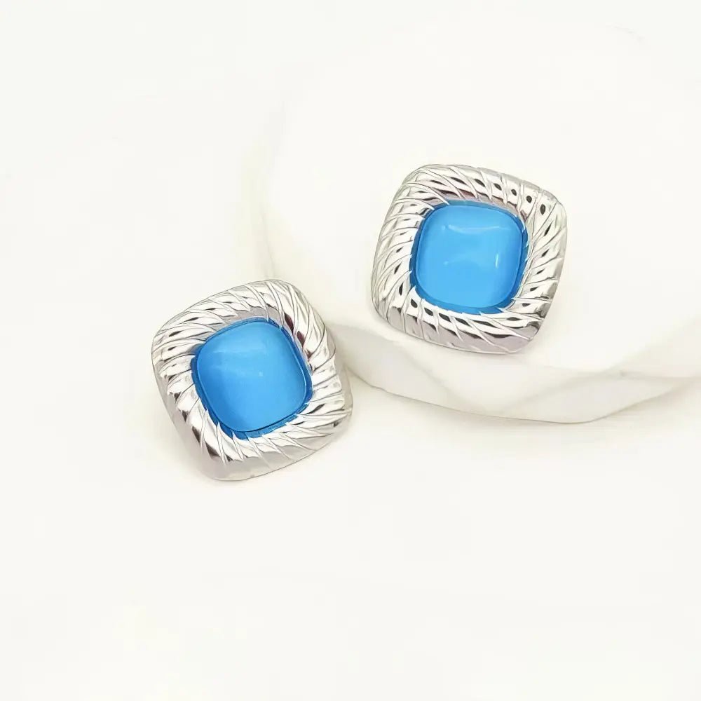 Ατσάλινα Σκουλαρίκια με Γαλάζια Πέτρα 2.2cm (E3065) - charmy.gr