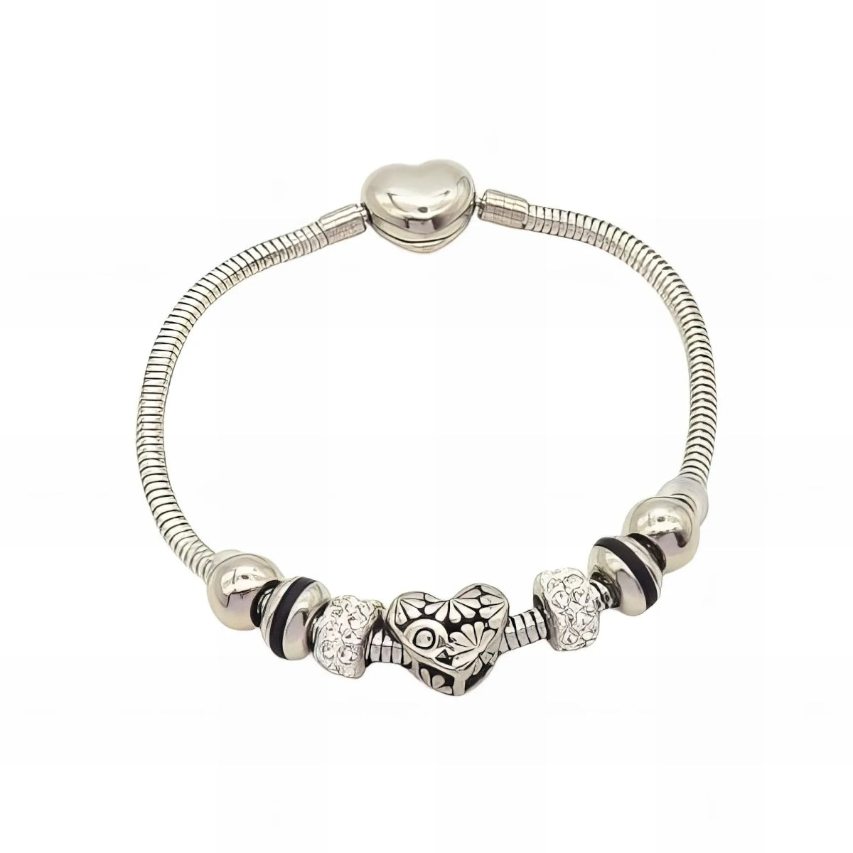 Ατσάλινη αλυσίδα χεριού ασημί με charms καρδιά (B3004) - charmy.gr