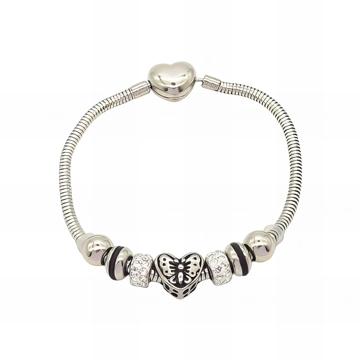 Ατσάλινη αλυσίδα χεριού ασημί με charms καρδιά (B3005) - charmy.gr