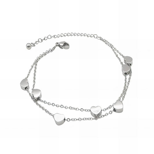 Ατσάλινη αλυσίδα χεριού διπλή ασημί με καρδιές (B3042) - charmy.gr