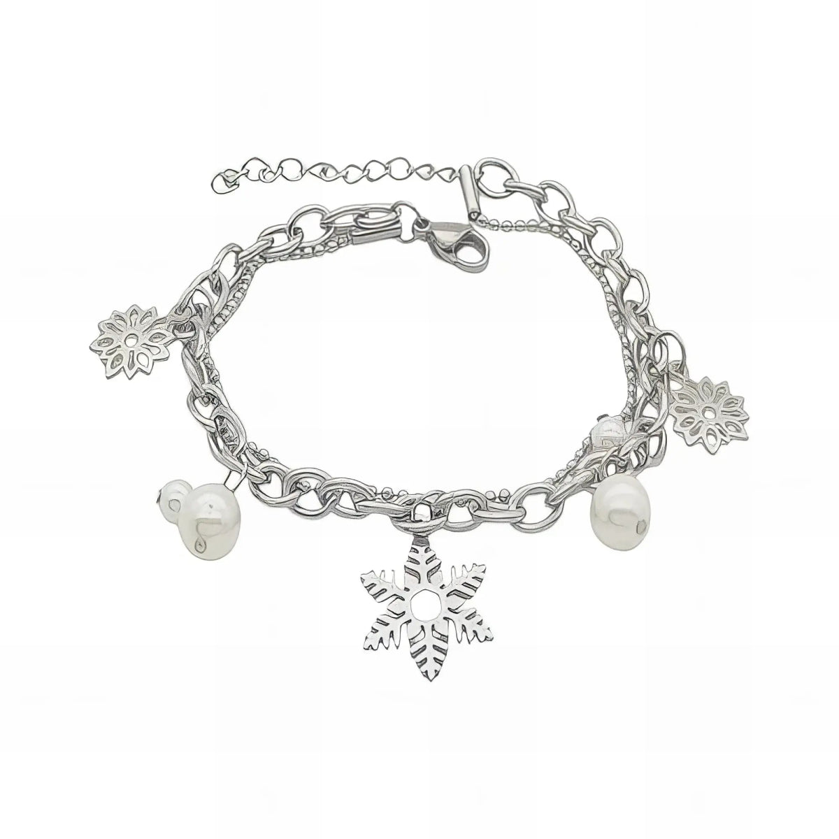 Ατσάλινη αλυσίδα χεριού διπλή ασημί με πέρλα & χιονονιφάδες (B3086) - charmy.gr