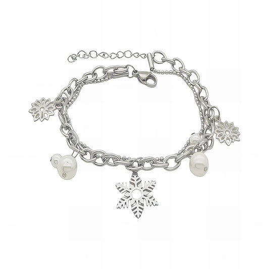 Ατσάλινη αλυσίδα χεριού διπλή ασημί με πέρλα & χιονονιφάδες (B3086) - charmy.gr