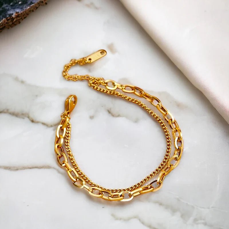 Ατσάλινη αλυσίδα χεριού διπλή επιχρυσωμένη (B1401) - charmy.gr