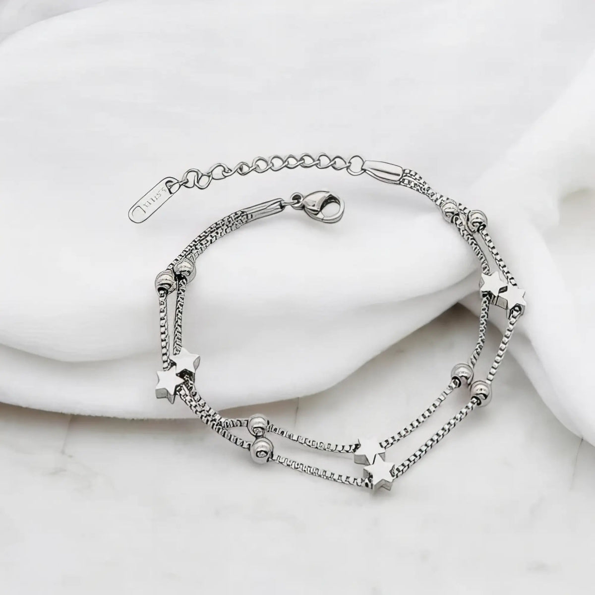 Ατσάλινη αλυσίδα χεριού διπλή με αστέρια χρώμα ασημί (B3091) - charmy.gr