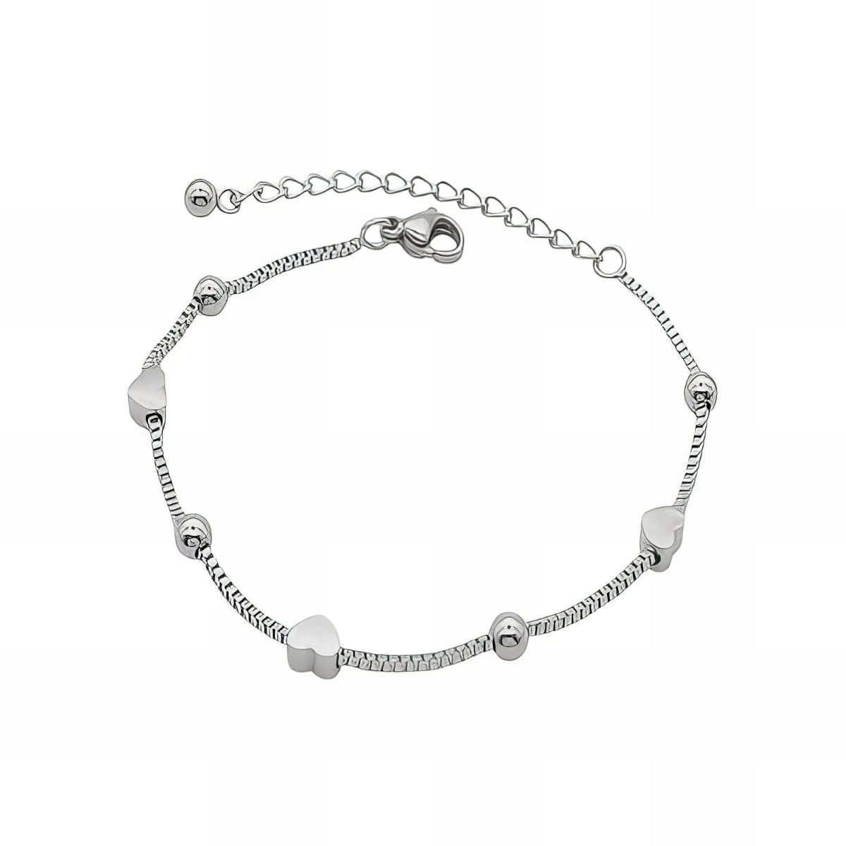 Ατσάλινη αλυσίδα χεριού διπλή με καρδιές & χάντρες ασημί (B3092) - charmy.gr